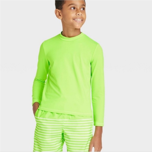 Boys Solid Long Sleeve Rash Guard Swim Shirt Cat & Jack Bright Lime Green - Picture 1 of 7